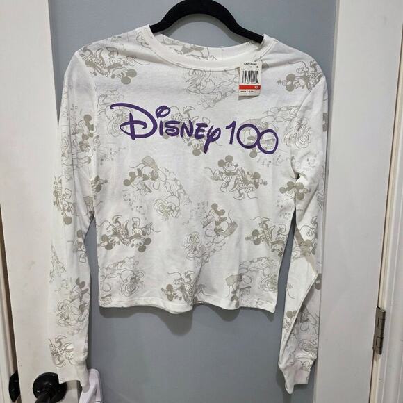 Disney NWT 100th Anniversary Cropped Long Sleeve Tee XS Juniors Mickey Mouse - Picture 1 of 6